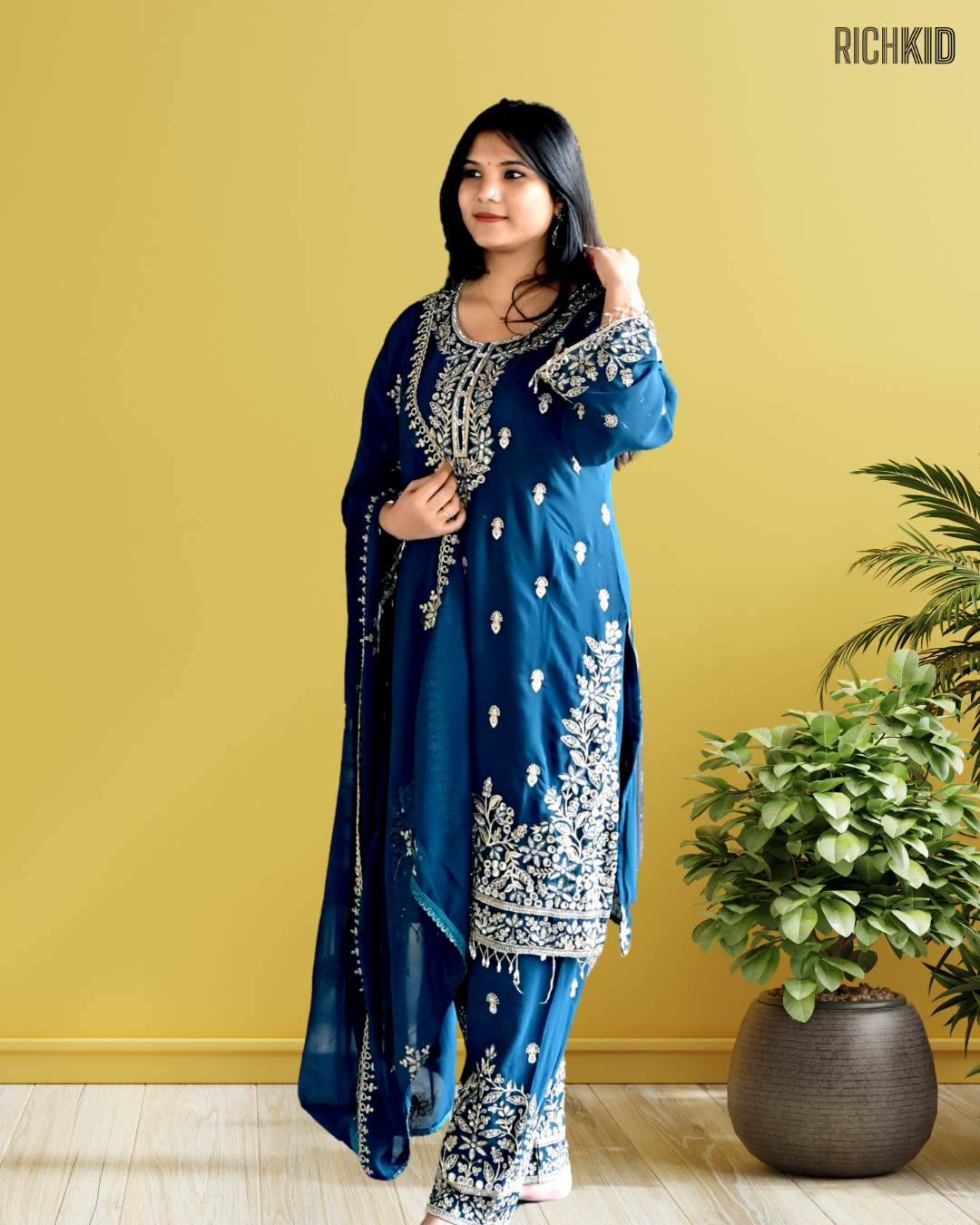 Richkid Teal Blue Embroidered Luxury Ethnic Suit