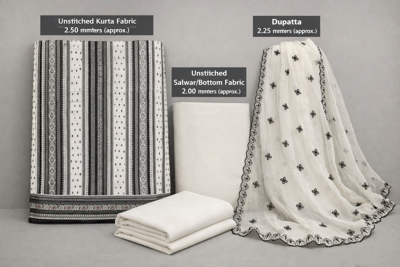 White & Black Printed Embroidered Unstitched Cotton Salwar Suit Set