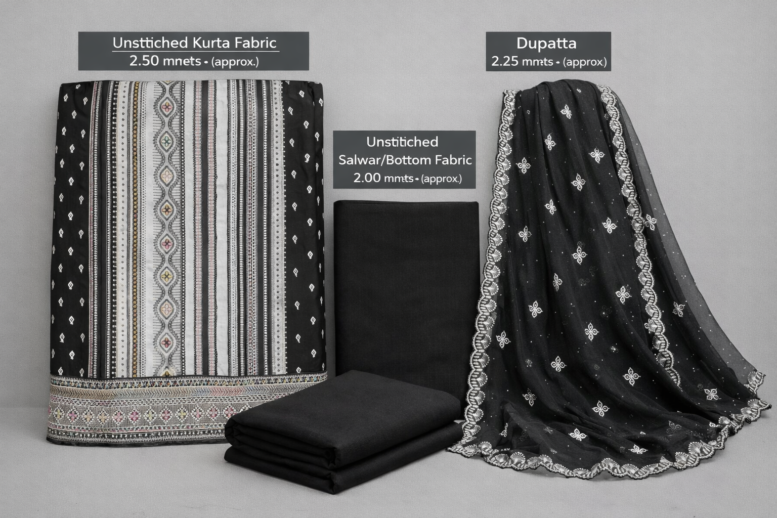 Black & Grey Embroidered Unstitched Cotton Suit Set