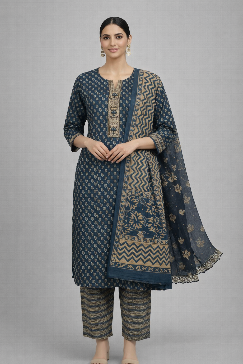 Indigo Floral Printed Unstitched Cotton Suit