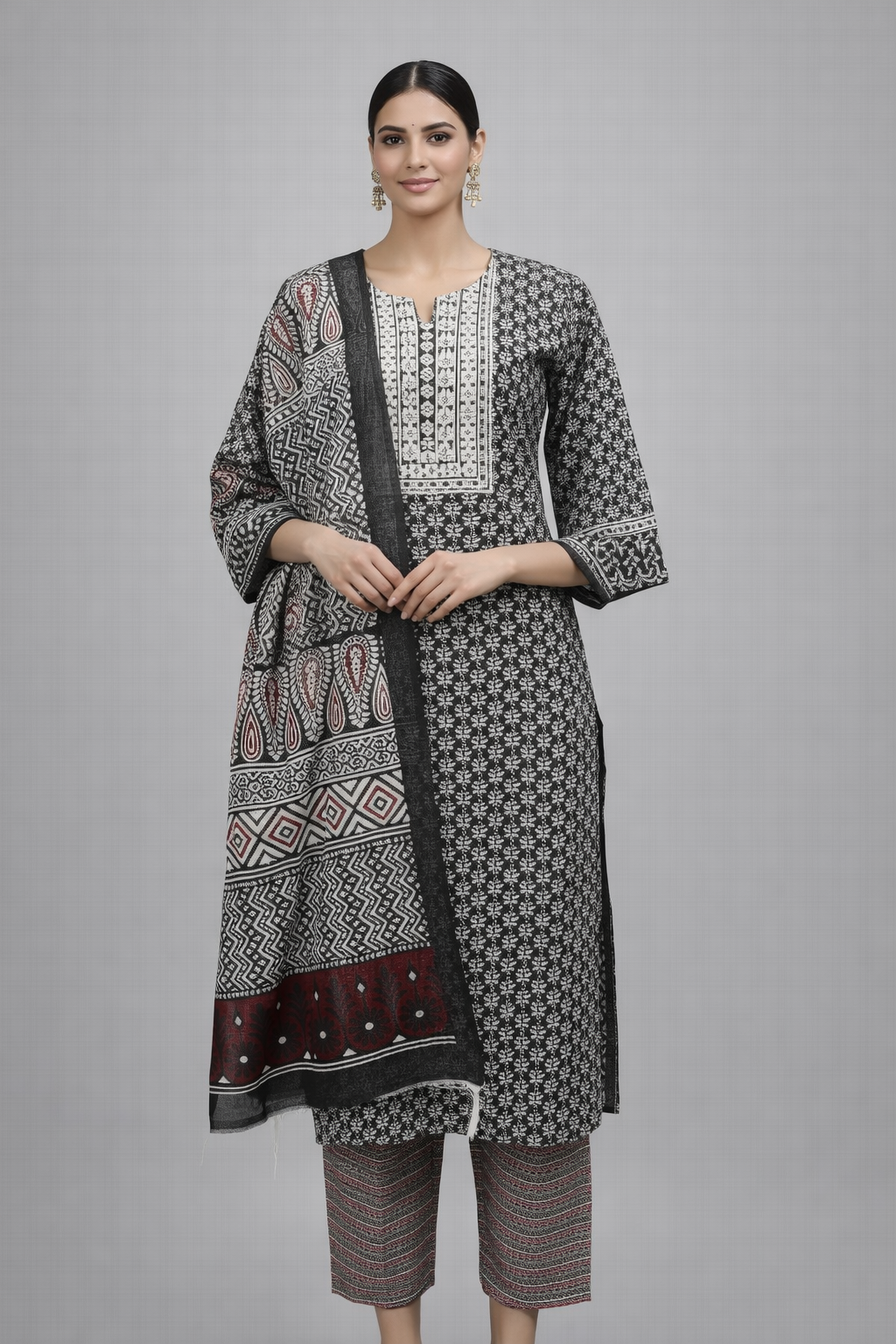 Black & White Printed Cotton Suit Set