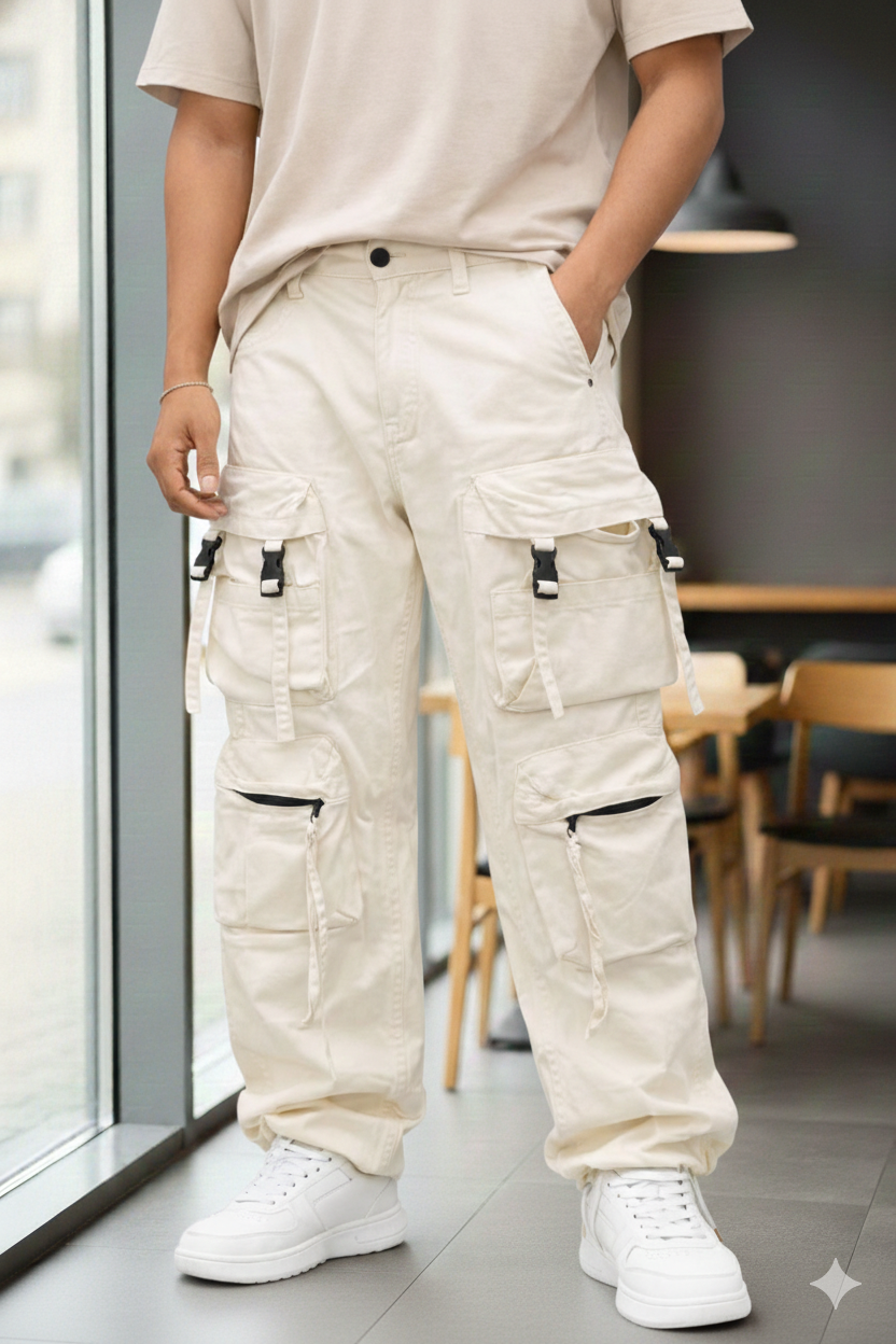 White Multi-Pocket Tactical Cargo Pants