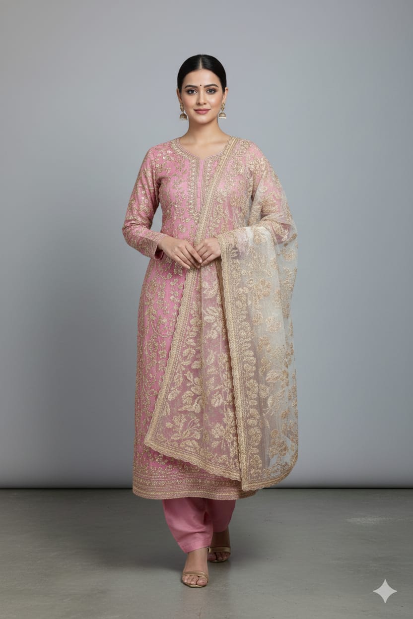 Pastel Rose Unstitched Heavy Zari  Suit Set
